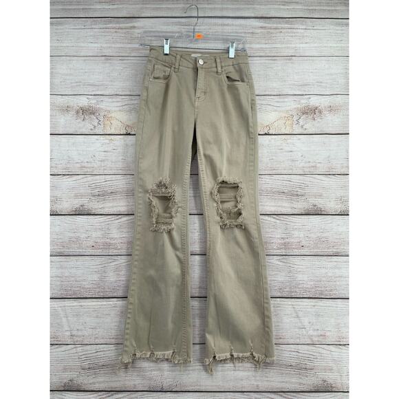 Risen Distressed Bootcut Jeans Women's Size 0/24 Tan/Beige Stretch - Picture 1 of 16